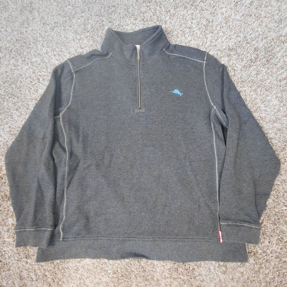 Tommy Bahama Relax Sweater Mens XL Grey 1/4 Zip Mock Neck Cotton Pullover